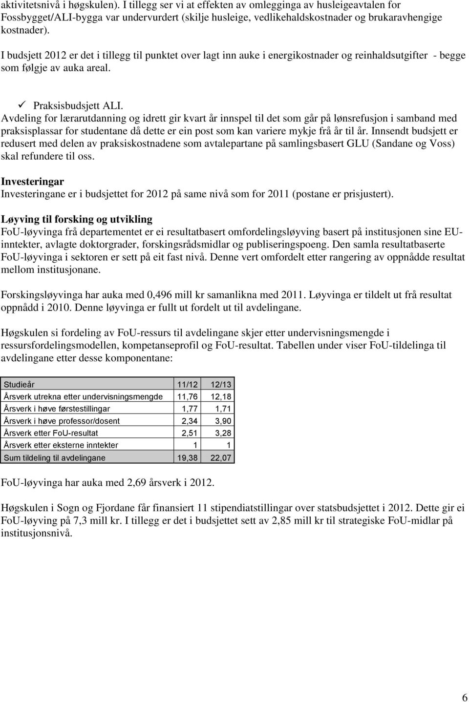 I budsjett 2012 er det i tillegg til punktet over lagt inn auke i energikostnader og reinhaldsutgifter - begge som følgje av auka areal. Praksisbudsjett ALI.