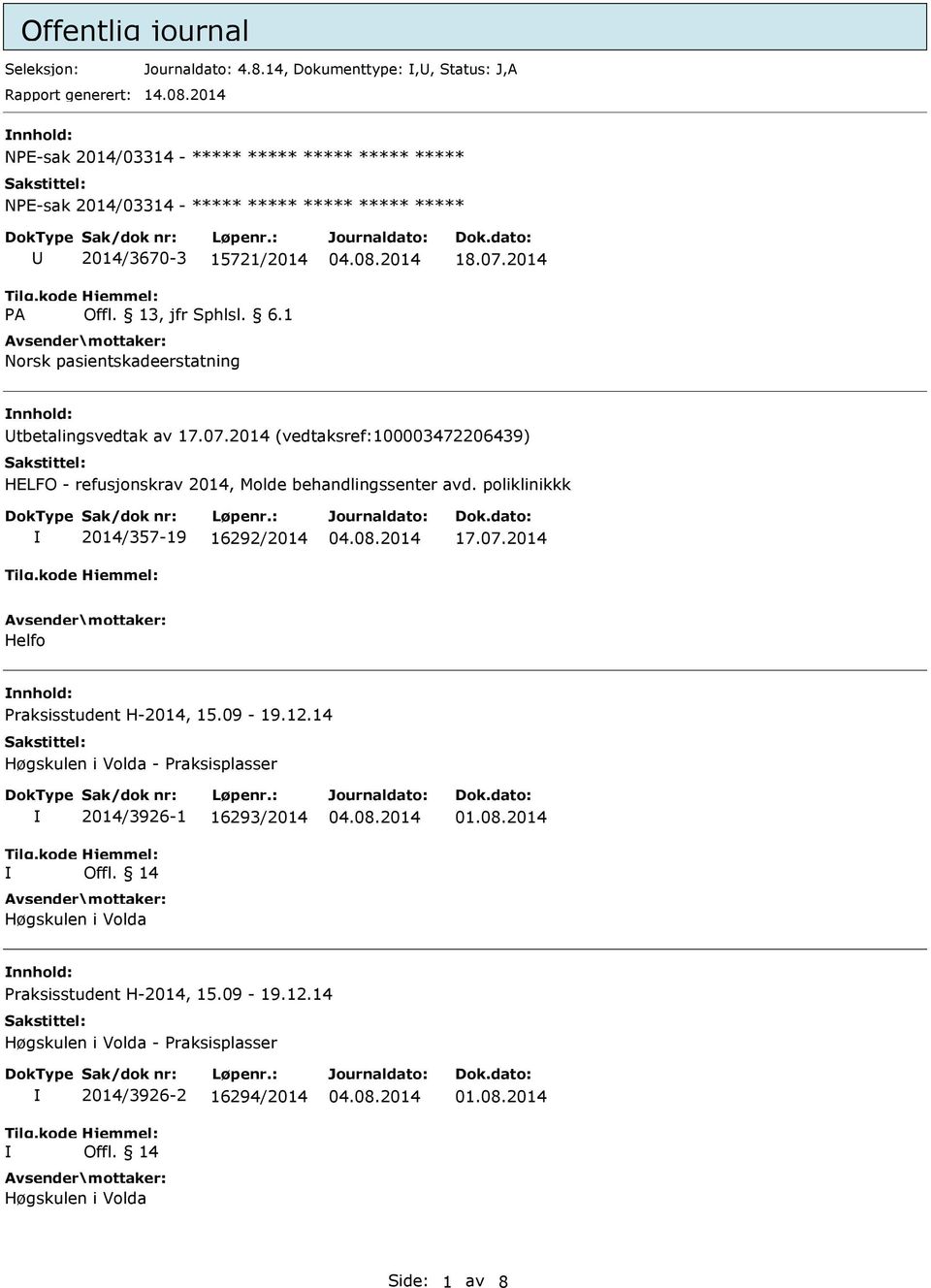 2014 nnhold: tbetalingsvedtak av 17.07.2014 (vedtaksref:100003472206439) HELFO - refusjonskrav 2014, Molde behandlingssenter avd. poliklinikkk 2014/357-19 16292/2014 17.07.2014 Helfo nnhold: Praksisstudent H-2014, 15.