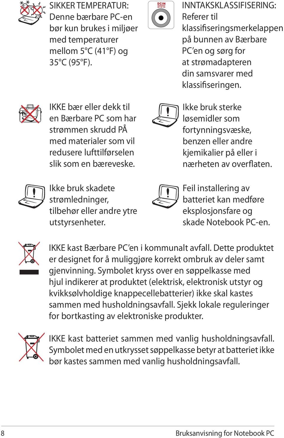 Ikke bruk skadete strømledninger, tilbehør eller andre ytre utstyrsenheter.