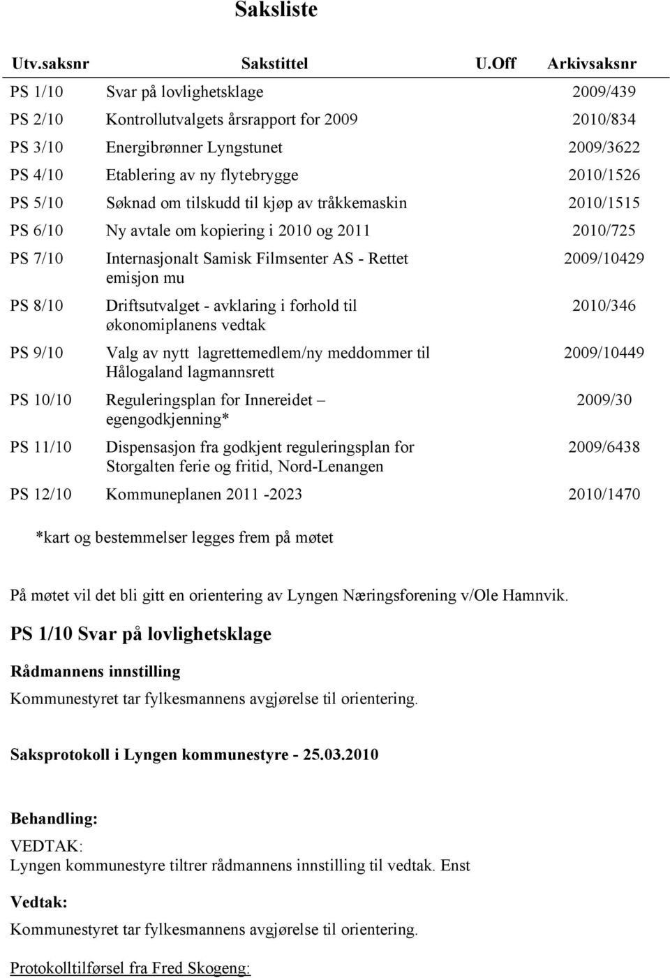 2010/1526 PS 5/10 Søknad om tilskudd til kjøp av tråkkemaskin 2010/1515 PS 6/10 Ny avtale om kopiering i 2010 og 2011 2010/725 PS 7/10 PS 8/10 PS 9/10 Internasjonalt Samisk Filmsenter AS - Rettet