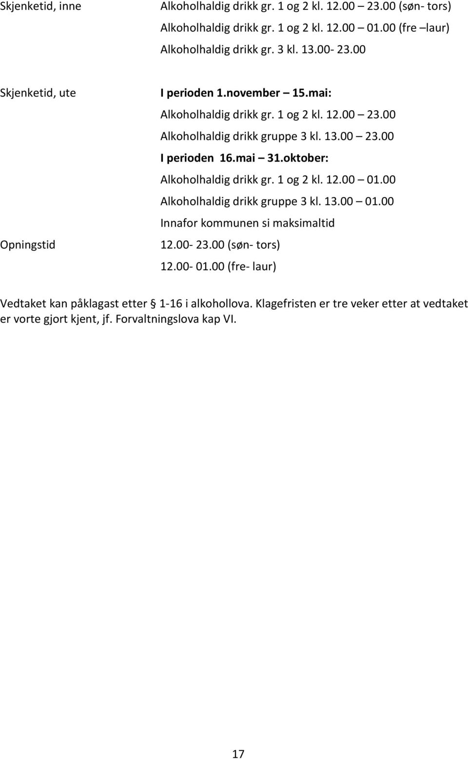 mai: Alkoholhaldig drikk gr. 1 og 2 kl. 12.00 23.00 Alkoholhaldig drikk gruppe 3 kl. 13.00 23.00 I perioden 16.mai 31.