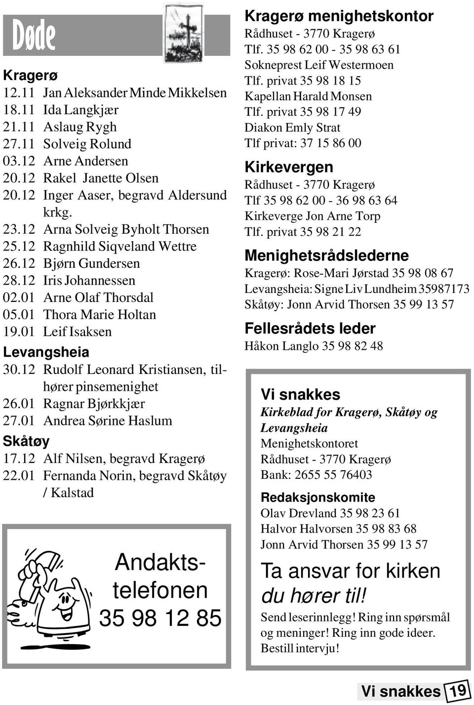 12 Rudolf Leonard Kristiansen, tilhører pinsemenighet 26.01 Ragnar Bjørkkjær 27.01 Andrea Sørine Haslum Skåtøy 17.12 Alf Nilsen, begravd Kragerø 22.