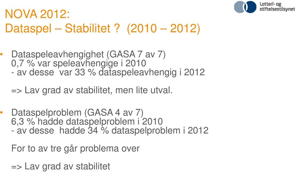 var 33 % dataspeleavhengig i 2012 => Lav grad av stabilitet, men lite utval.