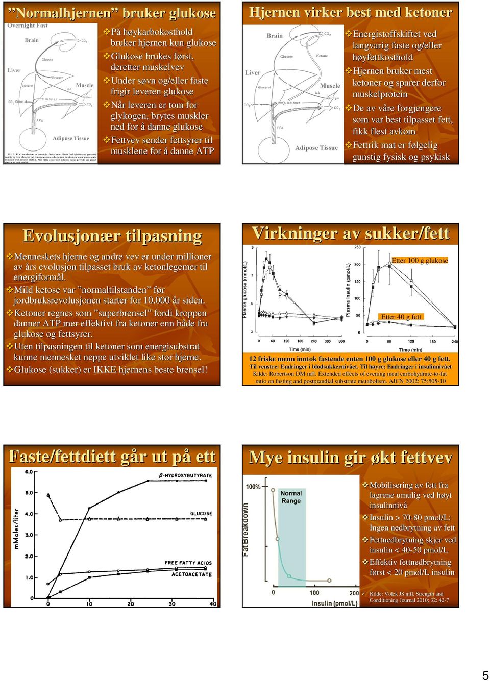 Hjernen bruker mest ketoner og sparer derfor muskelprotein De av våre v forgjengere som var best tilpasset fett, fikk flest avkom Fettrik mat er følgelig f gunstig fysisk og psykisk Evolusjonær r