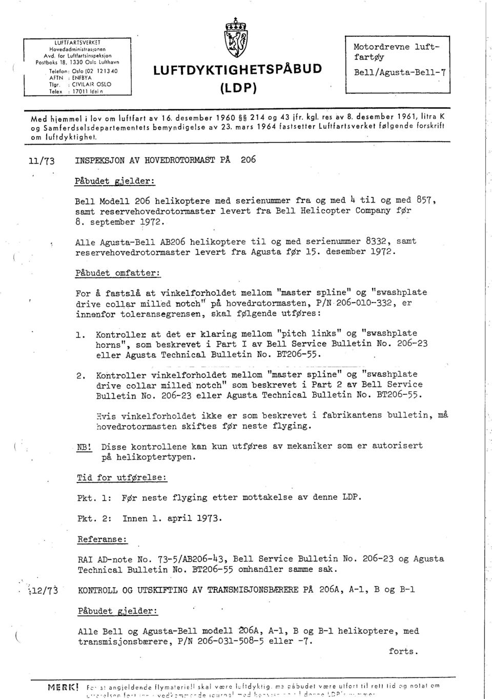 ,CIVILAIR OSLO Telex,1701 i ie.; n, LUFTOYKTIGHETSPÂBUO LO P) Motordrevne luftfartøy Bell/ Agusta-Bell-i Med hjemmel i lov om luftfart av16. desember 1960 214 og 43 jfr. kgl. res av 8.