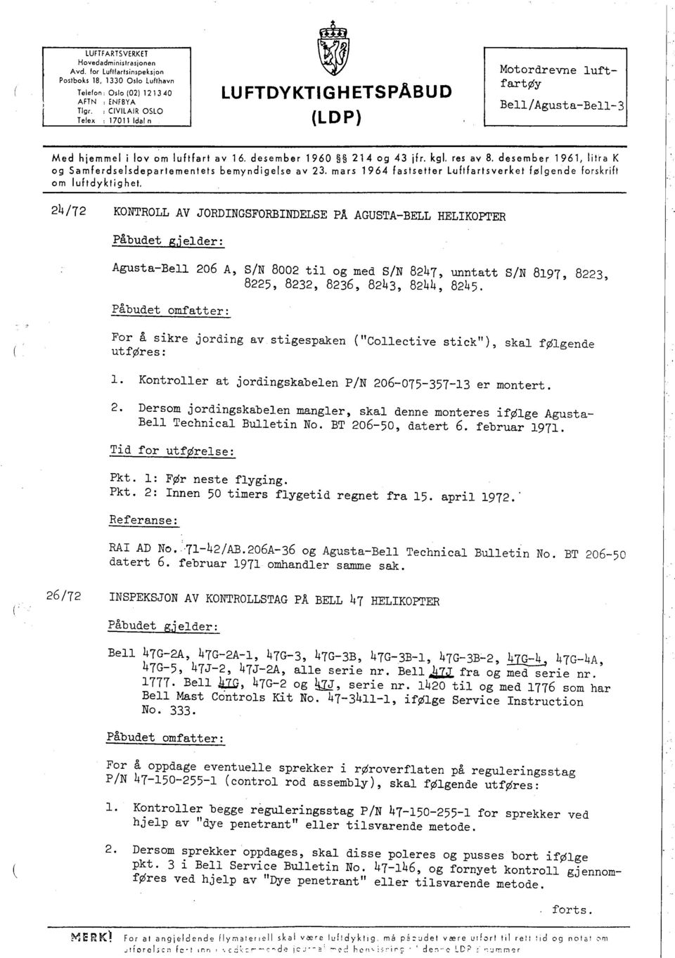 desember 1961, lilra. K og Samferdselsdepartementets bemyndigelse av 23. mars 1964 fastsetter Luftfartsverket følgende forskrift om luftdyktighet.