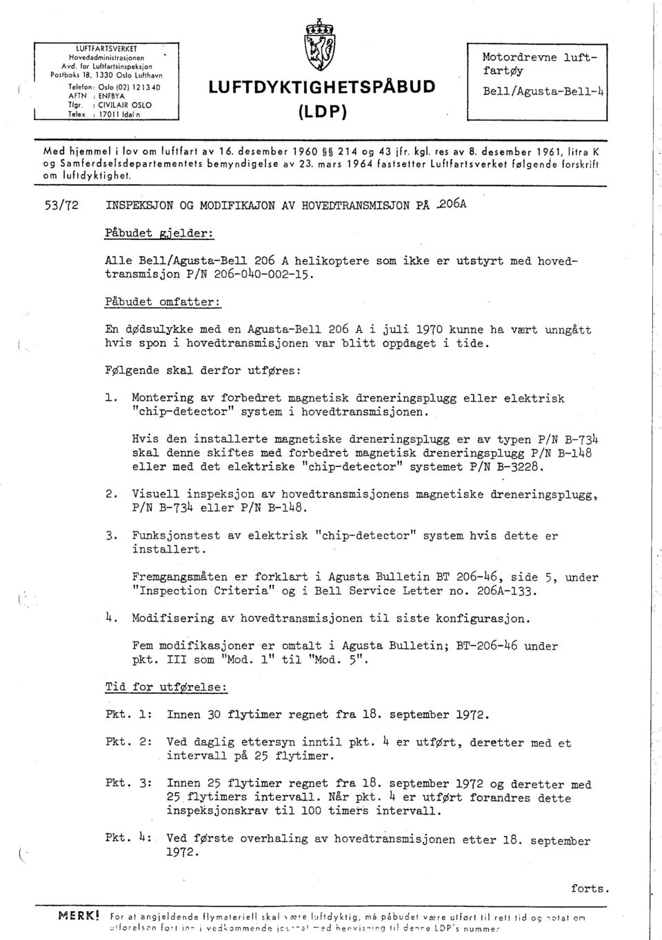 desember 1961, litra K og Samferdselsdepartementets bemyndigelse av 23. mars 1964 fastsetter Luftfartsverket følgende forskrift om luftdyktighet.