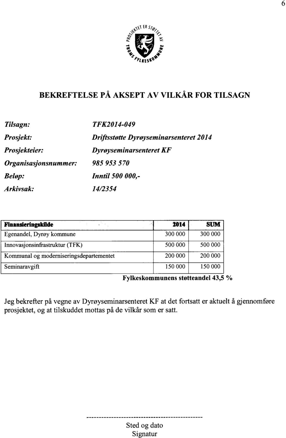 Organisasjonsnummer: 985 953 570 Beløp: Inntil 500 000,- Arkivsak: 14/2354 Fmansieringskilde 2014 SUM Egenandel, Dyrøy kommune 300 000 300 000 Innovasjonsinfrastruktur