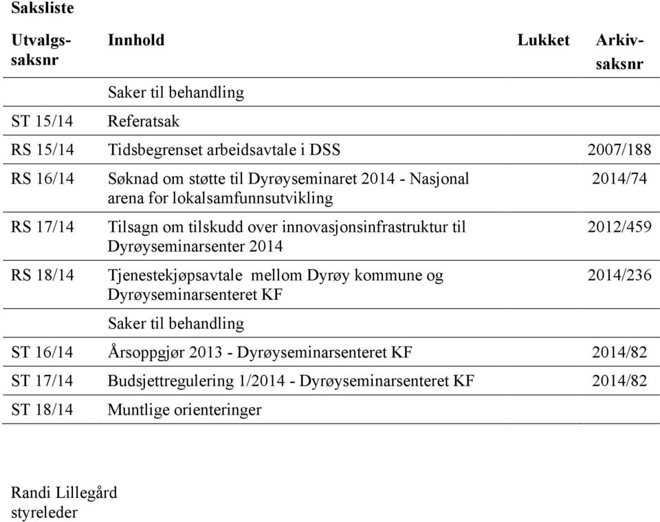 Dyrøyseminarsenter 2014 Tjenestekjøpsavtale mellom Dyrøy kommune og Dyrøyseminarsenteret KF Saker til behandling 2014/74 2012/459 2014/236 ST 16/14 Årsoppgjør