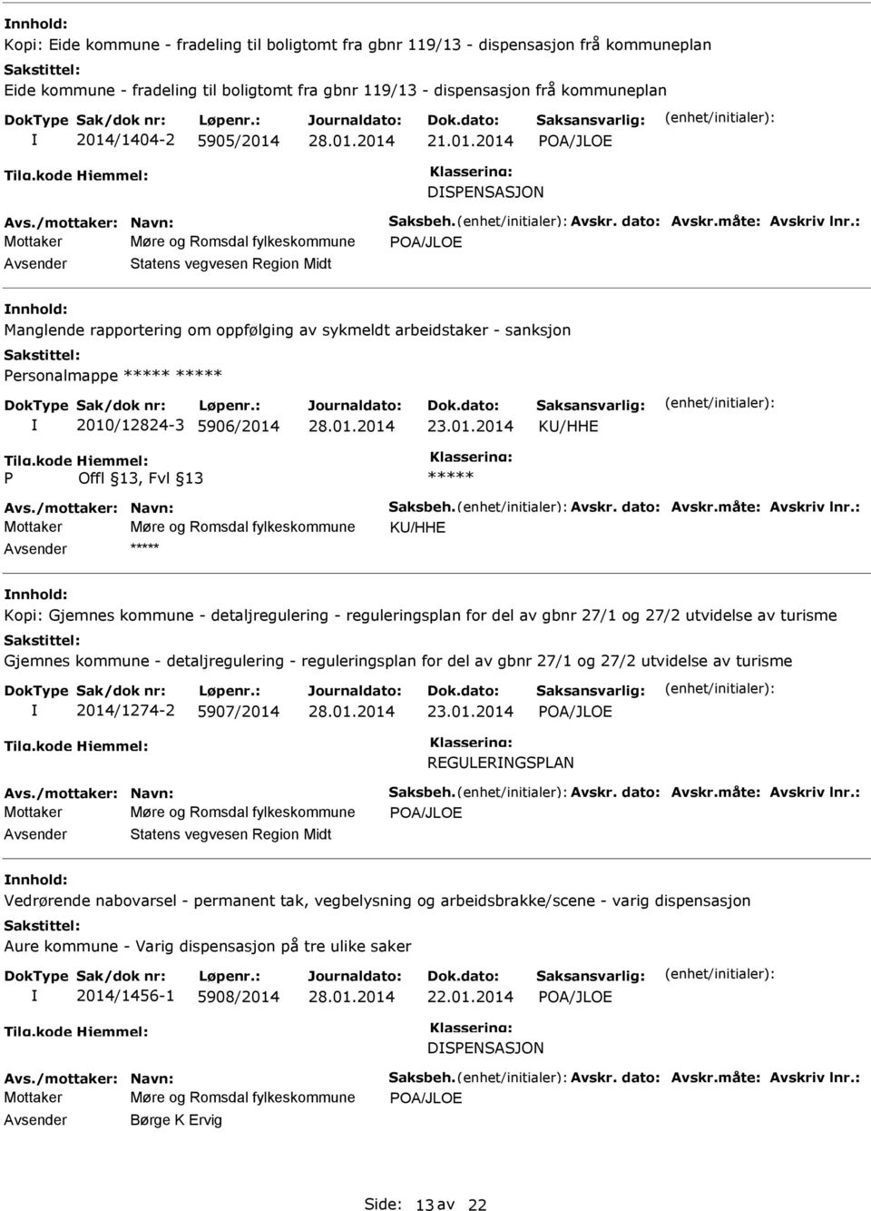 : Mottaker Møre og Romsdal fylkeskommune POA/JLOE nnhold: Manglende rapportering om oppfølging av sykmeldt arbeidstaker - sanksjon Personalmappe ***** ***** 2010