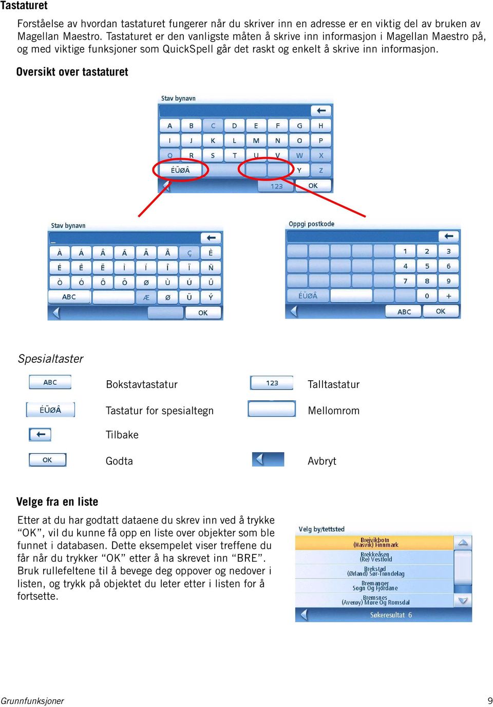 Oversikt over tastaturet Spesialtaster Bokstavtastatur Tastatur for spesialtegn Talltastatur Mellomrom Tilbake Godta Avbryt Velge fra en liste Etter at du har godtatt dataene du skrev inn ved å