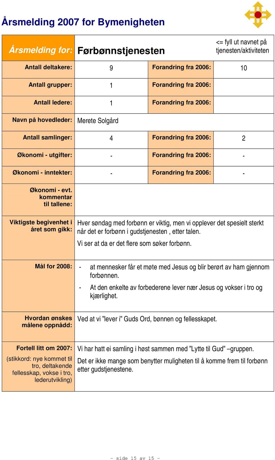 når det er forbønn i gudstjenesten, etter talen. Vi ser at da er det flere som søker forbønn. Mål for 2008: - at mennesker får et møte med Jesus og blir berørt av ham gjennom forbønnen.