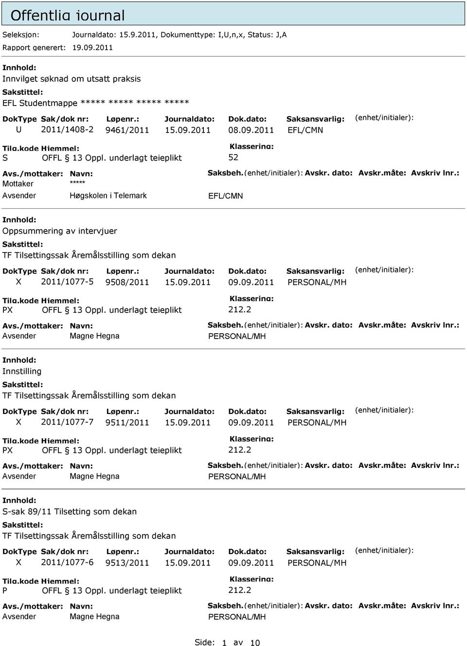 /mottaker: Navn: aksbeh. Avskr. dato: Avskr.måte: Avskriv lnr.: Magne Hegna nnstilling TF Tilsettingssak Åremålsstilling som dekan 2011/1077-7 9511/2011 09.09.2011 P Avs./mottaker: Navn: aksbeh. Avskr. dato: Avskr.måte: Avskriv lnr.: Magne Hegna -sak 89/11 Tilsetting som dekan TF Tilsettingssak Åremålsstilling som dekan 2011/1077-6 9513/2011 09.