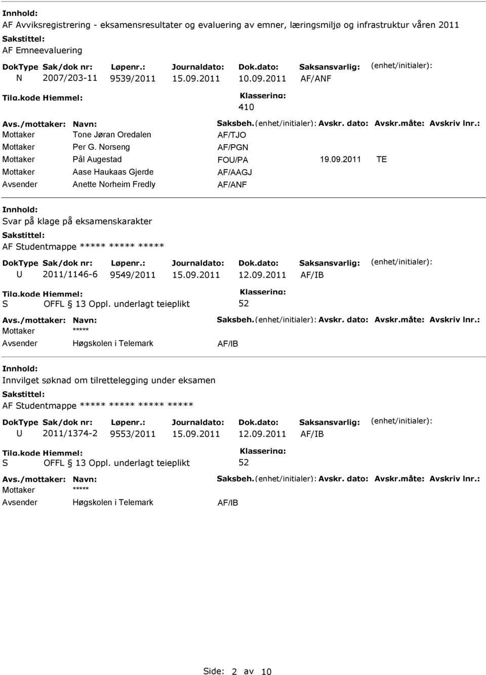 2011 TE Mottaker Aase Haukaas Gjerde AF/AAGJ Anette Norheim Fredly AF/ANF var på klage på eksamenskarakter AF tudentmappe ***** ***** ***** 2011/1146-6 9549/2011 Avs./mottaker: Navn: aksbeh.