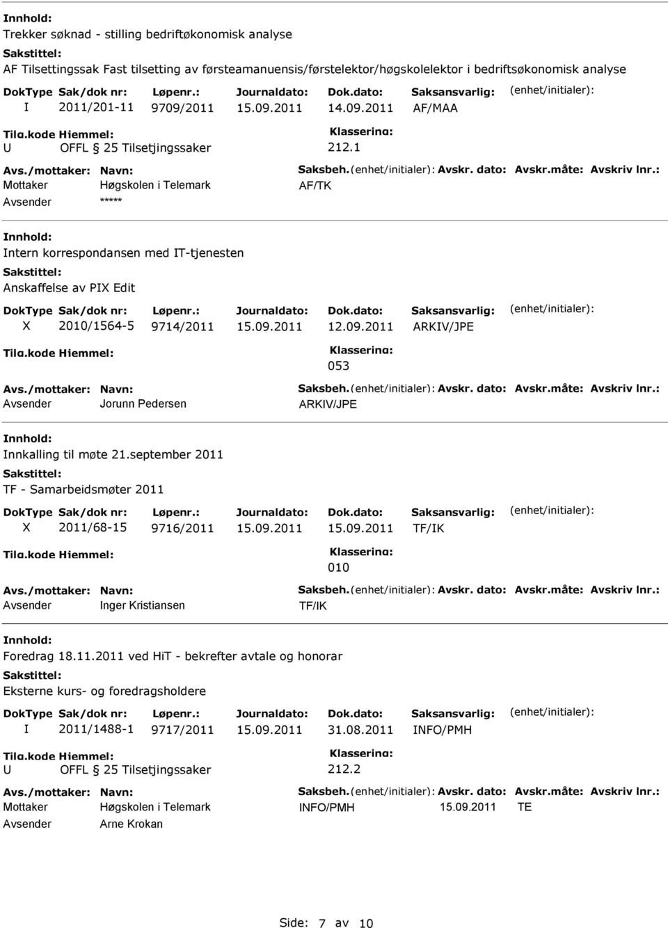 /mottaker: Navn: aksbeh. Avskr. dato: Avskr.måte: Avskriv lnr.: Jorunn Pedersen ARKV/JPE nnkalling til møte 21.september 2011 TF - amarbeidsmøter 2011 2011/68-15 9716/2011 TF/K 010 Avs.