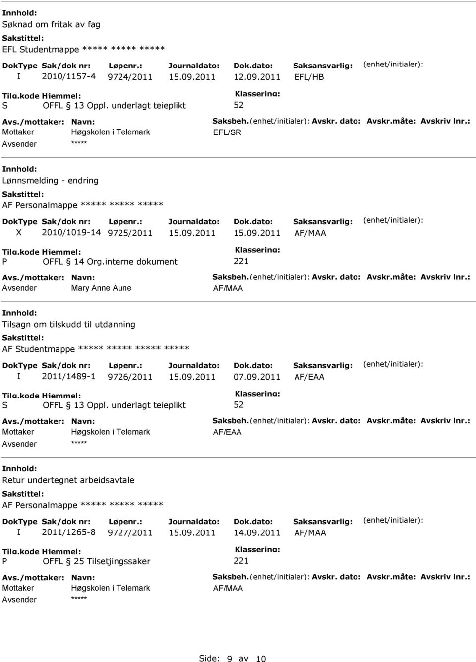 måte: Avskriv lnr.: Mary Anne Aune AF/MAA Tilsagn om tilskudd til utdanning AF tudentmappe ***** ***** ***** ***** 2011/1489-1 9726/2011 07.09.2011 AF/EAA Avs./mottaker: Navn: aksbeh. Avskr. dato: Avskr.