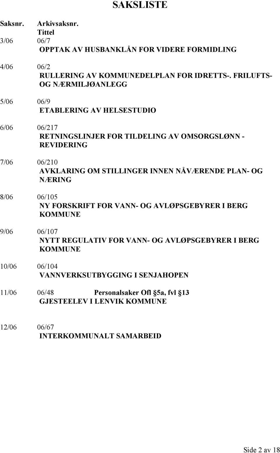 STILLINGER INNEN NÅVÆRENDE PLAN- OG NÆRING 8/06 06/105 NY FORSKRIFT FOR VANN- OG AVLØPSGEBYRER I BERG KOMMUNE 9/06 06/107 NYTT REGULATIV FOR VANN- OG