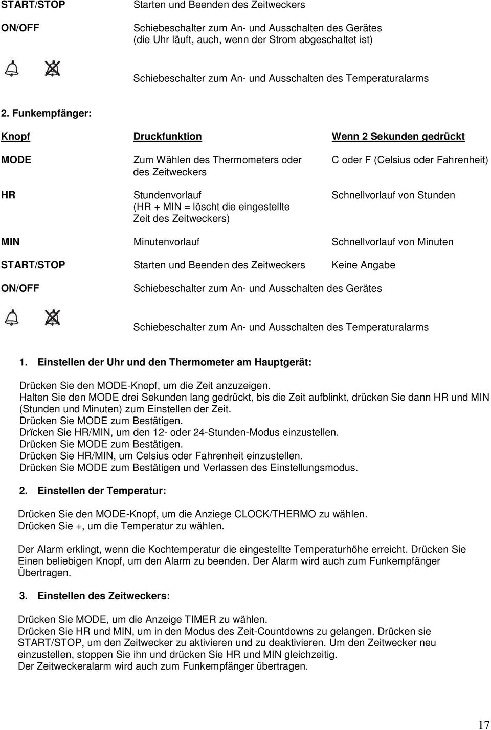 Funkempfänger: Knopf Druckfunktion Wenn 2 Sekunden gedrückt MODE Zum Wählen des Thermometers oder C oder F (Celsius oder Fahrenheit) des Zeitweckers HR Stundenvorlauf Schnellvorlauf von Stunden (HR +