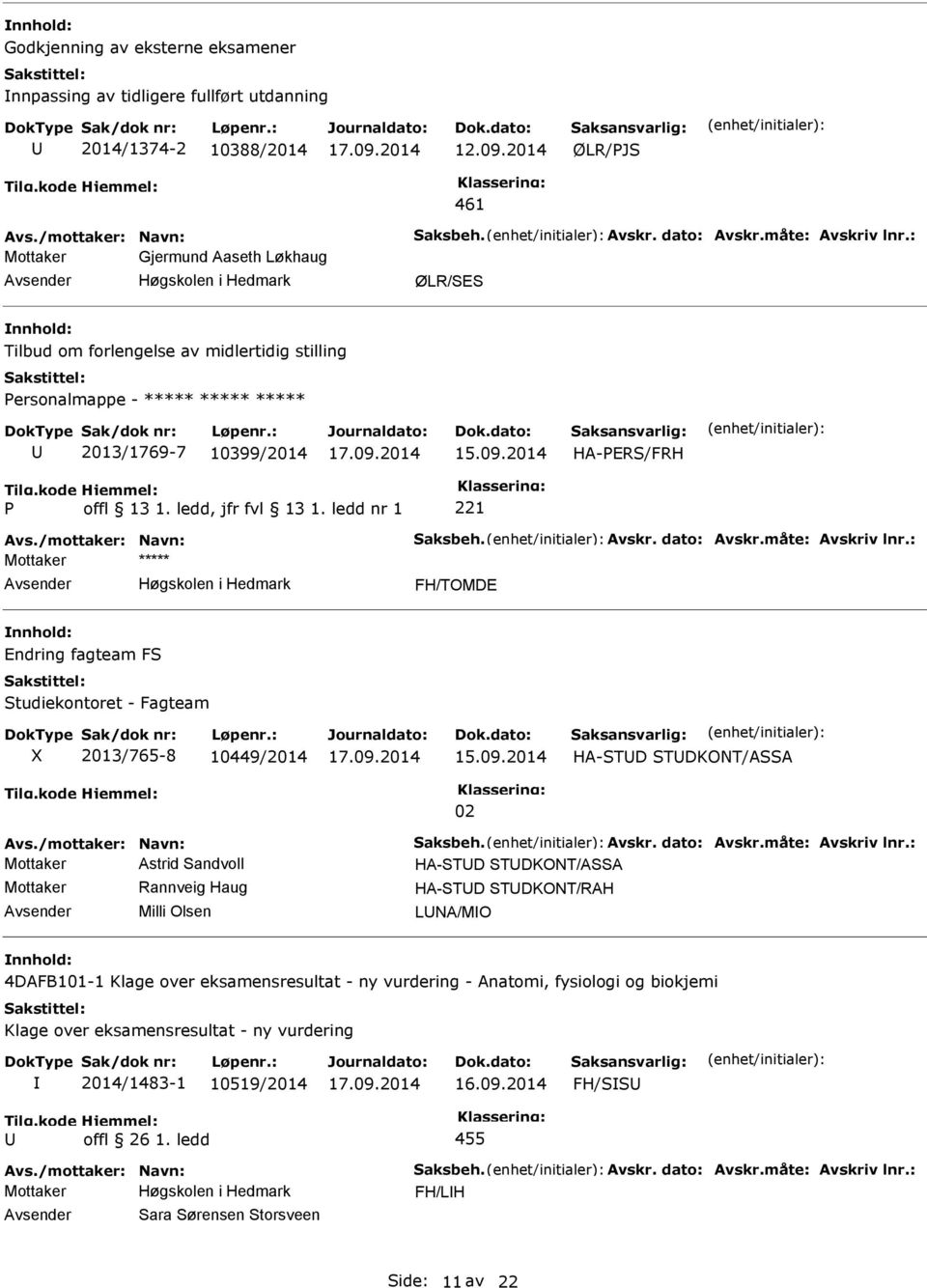 2014 P 221 Mottaker ***** FH/TOMDE Endring fagteam FS Studiekontoret - Fagteam 2013/765-8 10449/2014 15.09.