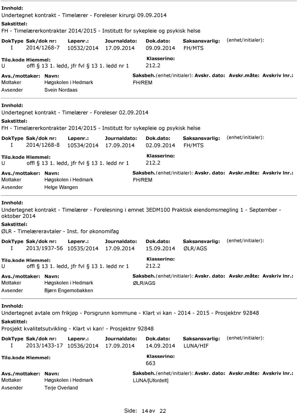 2 Mottaker FH/REM Helge Wangen ndertegnet kontrakt - Timelærer - Forelesning i emnet 3EDM100 Praktisk eiendomsmegling 1 - September - oktober 2014 ØLR - Timelæreravtaler - nst.