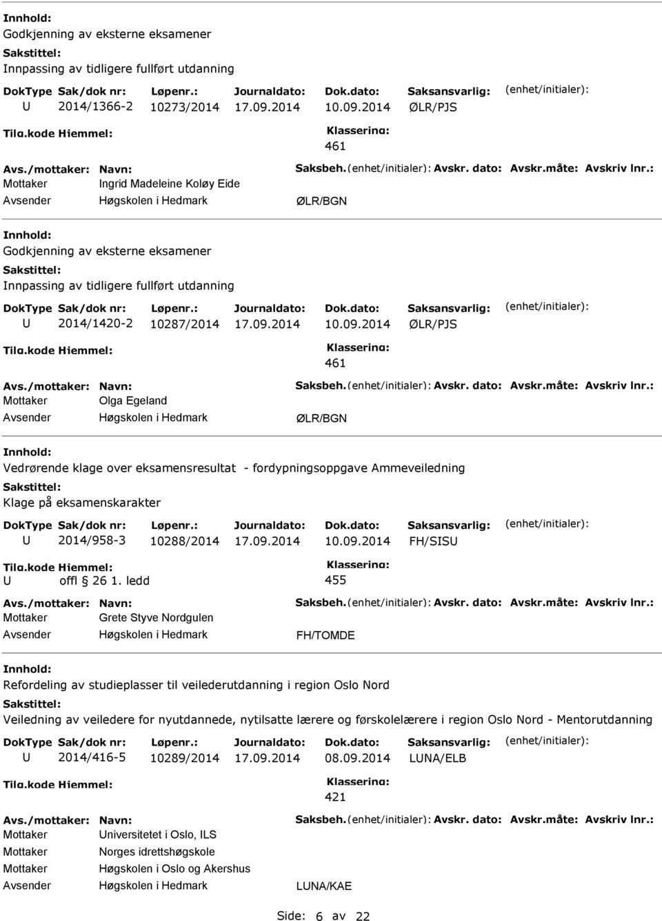 2014 461 Mottaker Olga Egeland ØLR/BGN Vedrørende klage over eksamensresultat - fordypningsoppgave Ammeveiledning Klage på eksamenskarakter 2014/958-3 10288/2014 10.09.2014 FH/SS offl 26 1.