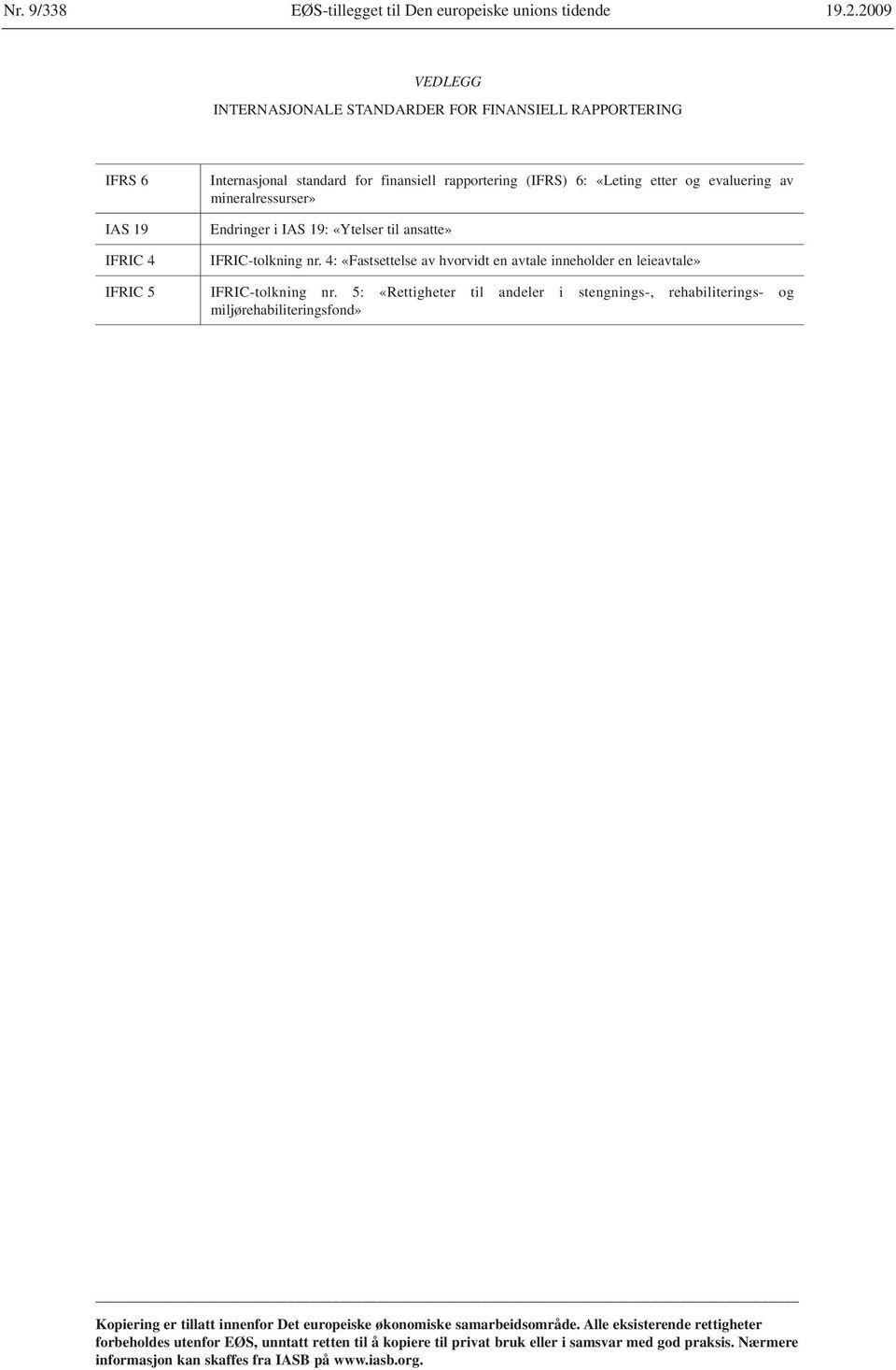 mineralressurser» Endringer i IAS 19: «Ytelser til ansatte» IFRIC-tolkning nr. 4: «Fastsettelse av hvorvidt en avtale inneholder en leieavtale» IFRIC-tolkning nr.