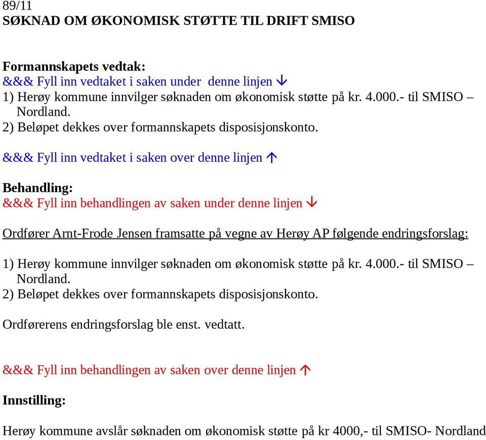 Ordfører Arnt-Frode Jensen framsatte på vegne av Herøy AP følgende endringsforslag: 1) Herøy kommune innvilger søknaden om økonomisk støtte på kr.