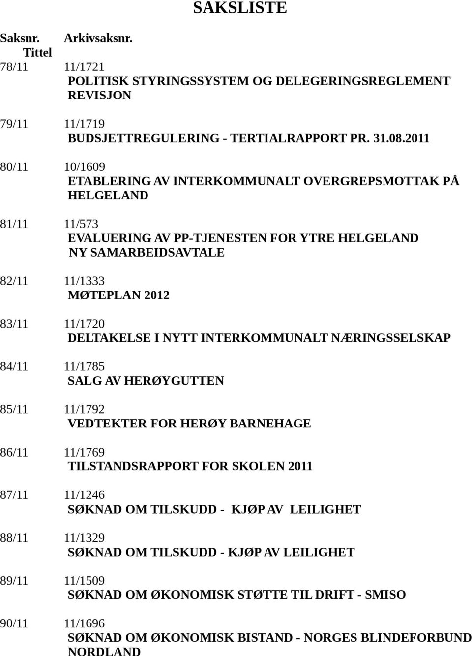 11/1720 DELTAKELSE I NYTT INTERKOMMUNALT NÆRINGSSELSKAP 84/11 11/1785 SALG AV HERØYGUTTEN 85/11 11/1792 VEDTEKTER FOR HERØY BARNEHAGE 86/11 11/1769 TILSTANDSRAPPORT FOR SKOLEN 2011 87/11 11/1246