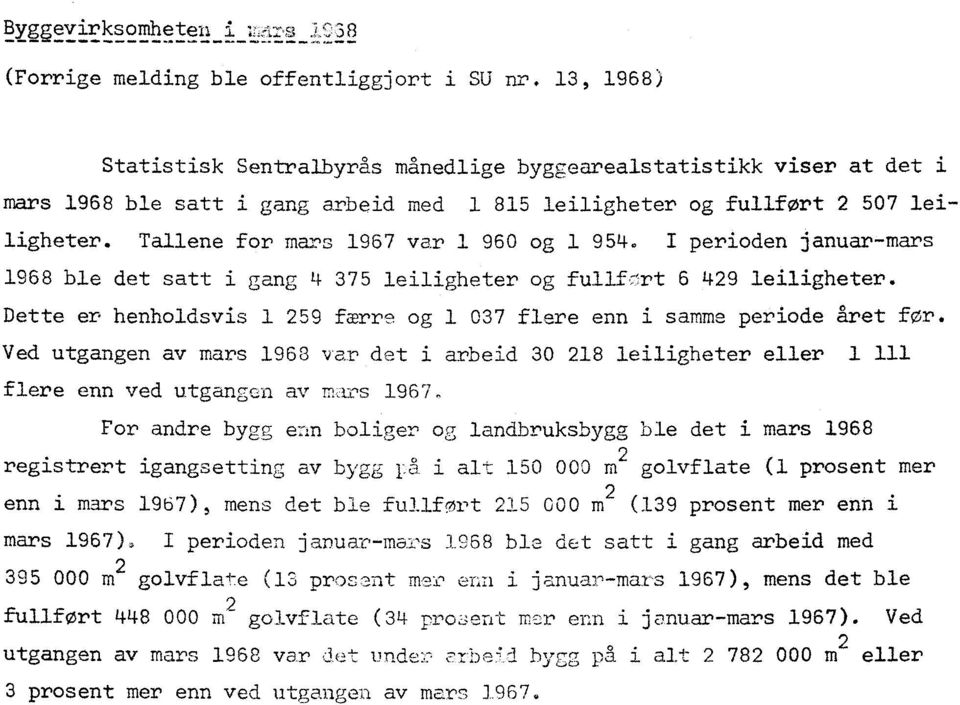 mars 968 var det i arbeid 3 28 leiliheter eller flere enn ved utanen av mirs 967 For andre by enn bolier o landbruksby ble det i mars 968 reistrert iansein av by på i alt 5 m 2 olvflate ( prosent mer