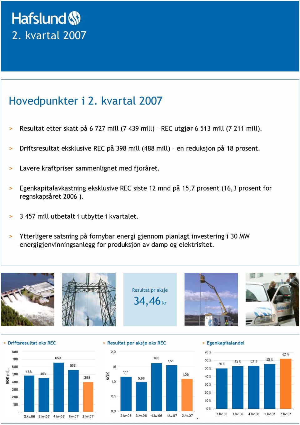 > Ytterligere satsning på fornybar energi gjennom planlagt investering i 30 MW energigjenvinningsanlegg for produksjon av damp og elektrisitet.