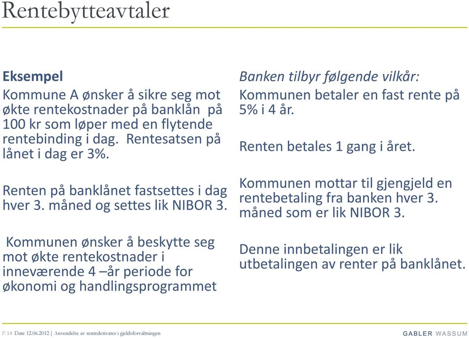 Kommunen ønsker å beskytte seg mot økte rentekostnader i inneværende 4 år periode for økonomi og handlingsprogrammet Banken tilbyr følgende vilkår: Kommunen betaler en fast