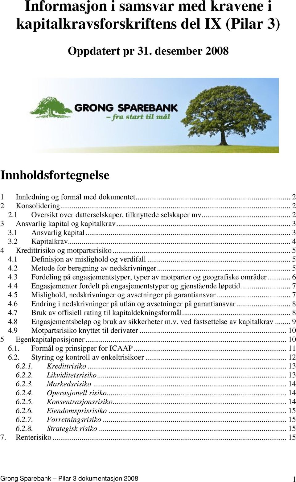 .. 4 4 Kredittrisiko og motpartsrisiko... 5 4.1 Definisjon av mislighold og verdifall... 5 4.2 Metode for beregning av nedskrivninger... 5 4.3 Fordeling på engasjementstyper, typer av motparter og geografiske områder.