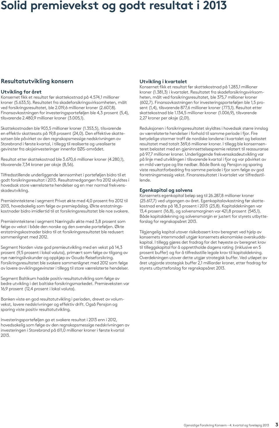 Finansavkastningen for investeringsporteføljen ble 4,3 prosent (5,4), tilsvarende 2.480,9 millioner kroner (3.005,1). Skattekostnaden ble 903,5 millioner kroner (1.