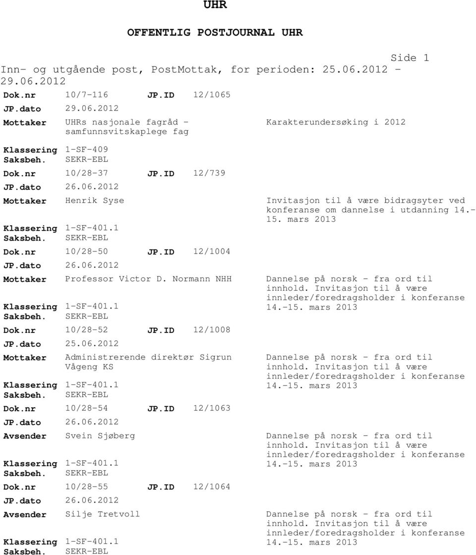 ID 12/739 Henrik Syse Dok.nr 10/28-50 JP.ID 12/1004 Professor Victor D. Normann NHH Dok.nr 10/28-52 JP.