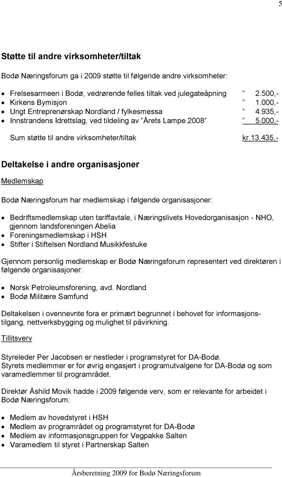 435,- Deltakelse i andre organisasjoner Medlemskap Bodø Næringsforum har medlemskap i følgende organisasjoner: Bedriftsmedlemskap uten tariffavtale, i Næringslivets Hovedorganisasjon - NHO, gjennom