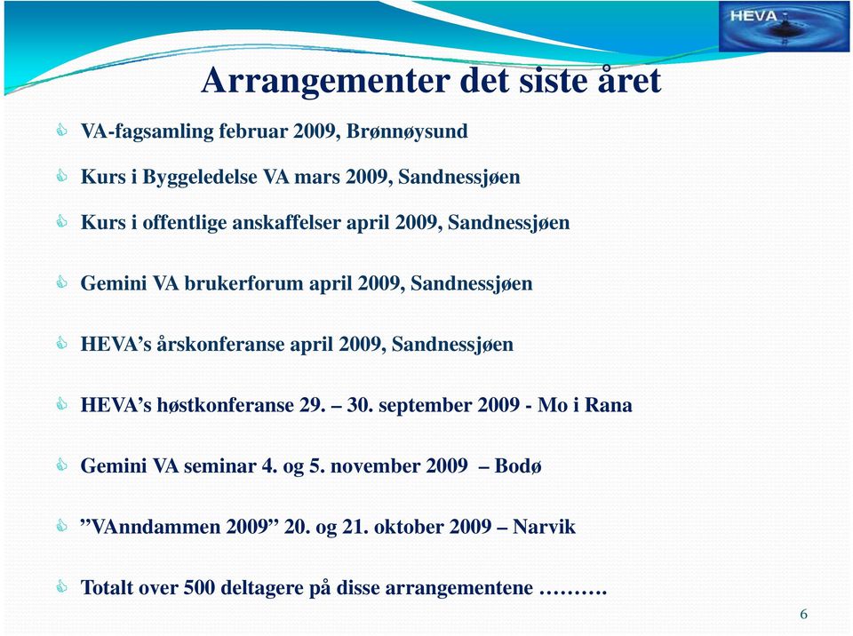 årskonferanse april 2009, Sandnessjøen HEVA s høstkonferanse 29. 30. september 2009 - Mo i Rana Gemini VA seminar 4.
