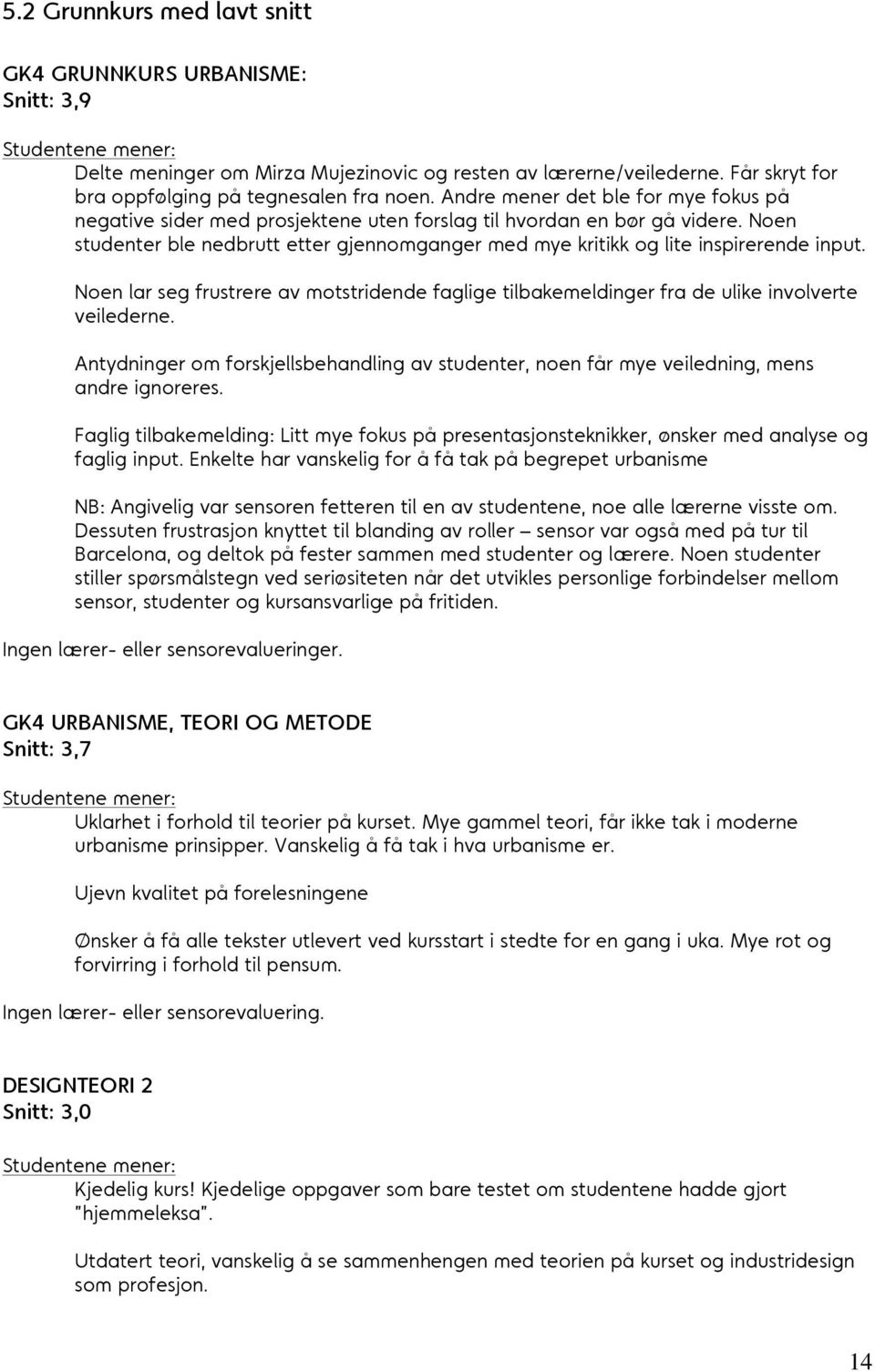 Noen studenter ble nedbrutt etter gjennomganger med mye kritikk og lite inspirerende input. Noen lar seg frustrere av motstridende faglige tilbakemeldinger fra de ulike involverte veilederne.