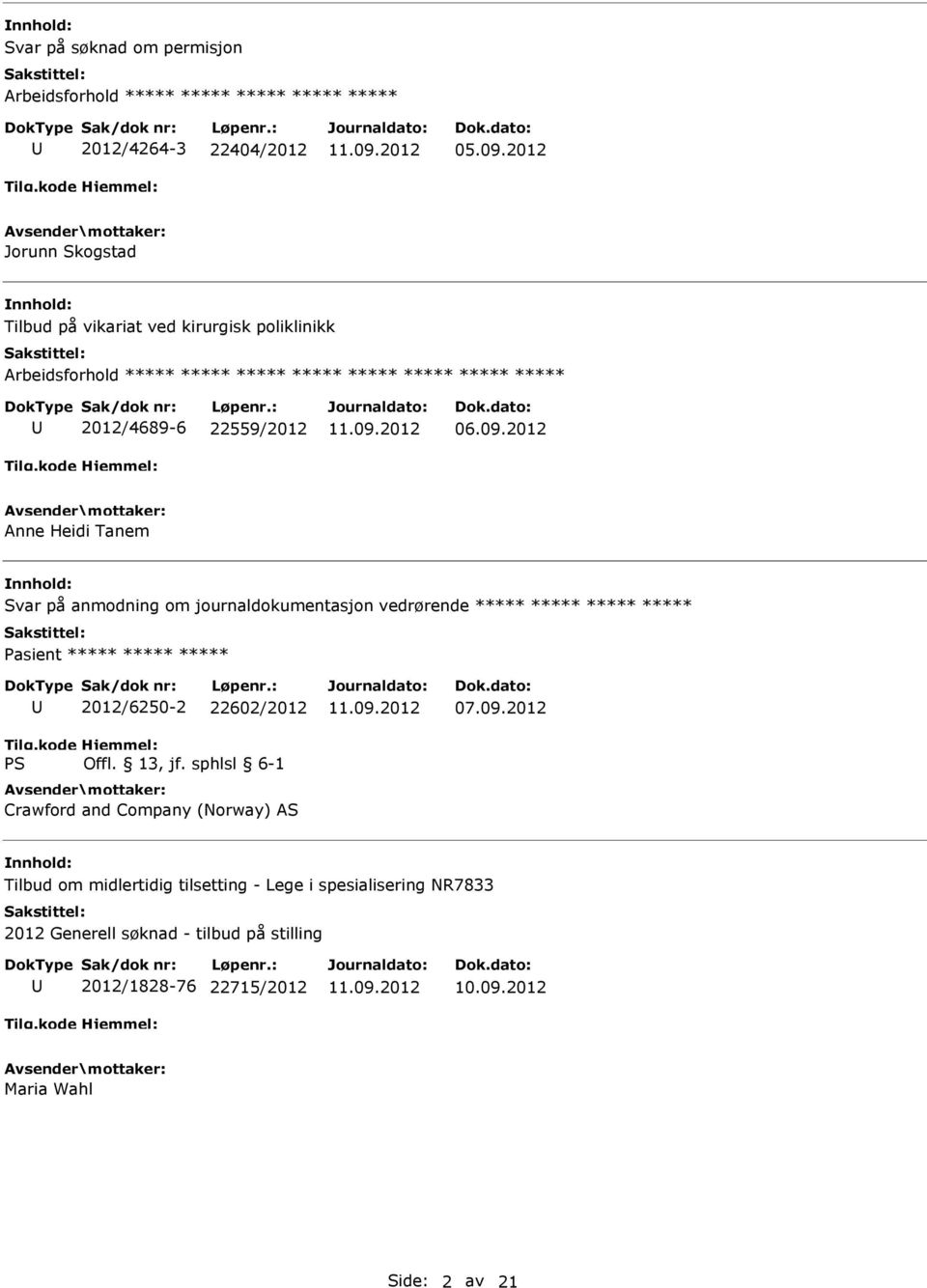 2012 Anne Heidi Tanem Svar på anmodning om journaldokumentasjon vedrørende ***** ***** ***** ***** Pasient ***** ***** *****