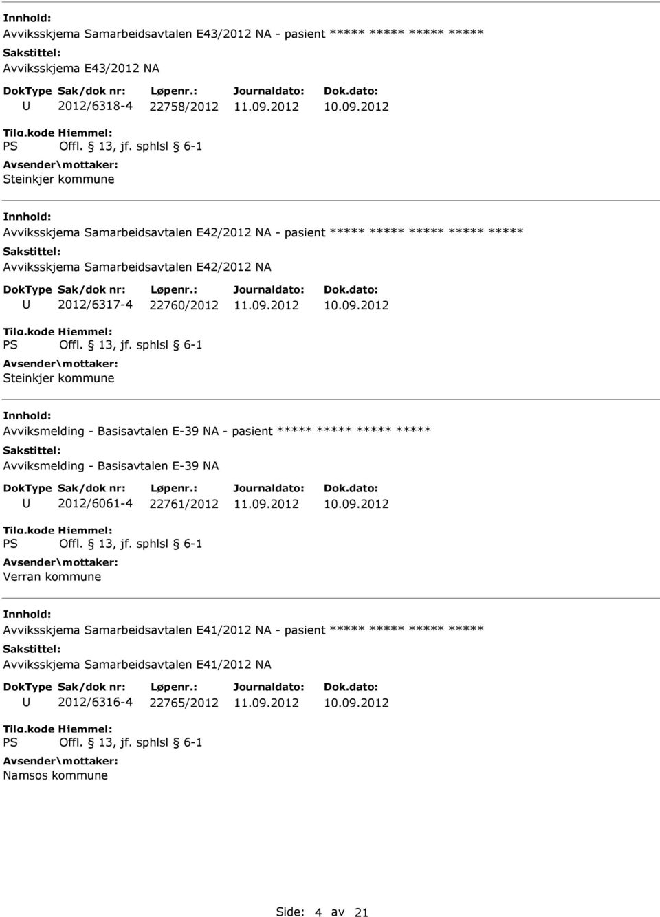Avviksmelding - Basisavtalen E-39 NA - pasient ***** ***** ***** ***** Avviksmelding - Basisavtalen E-39 NA 2012/6061-4 22761/2012 Verran kommune