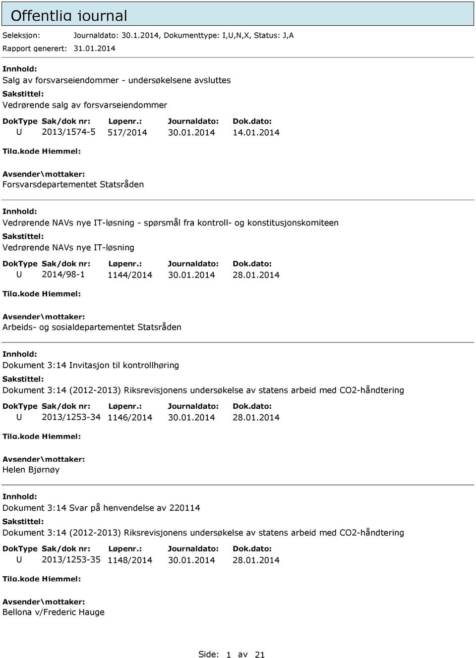 sosialdepartementet Statsråden Dokument 3:14 nvitasjon til kontrollhøring Dokument 3:14 (2012-2013) Riksrevisjonens undersøkelse av statens arbeid med CO2-håndtering 2013/1253-34 1146/2014 Helen