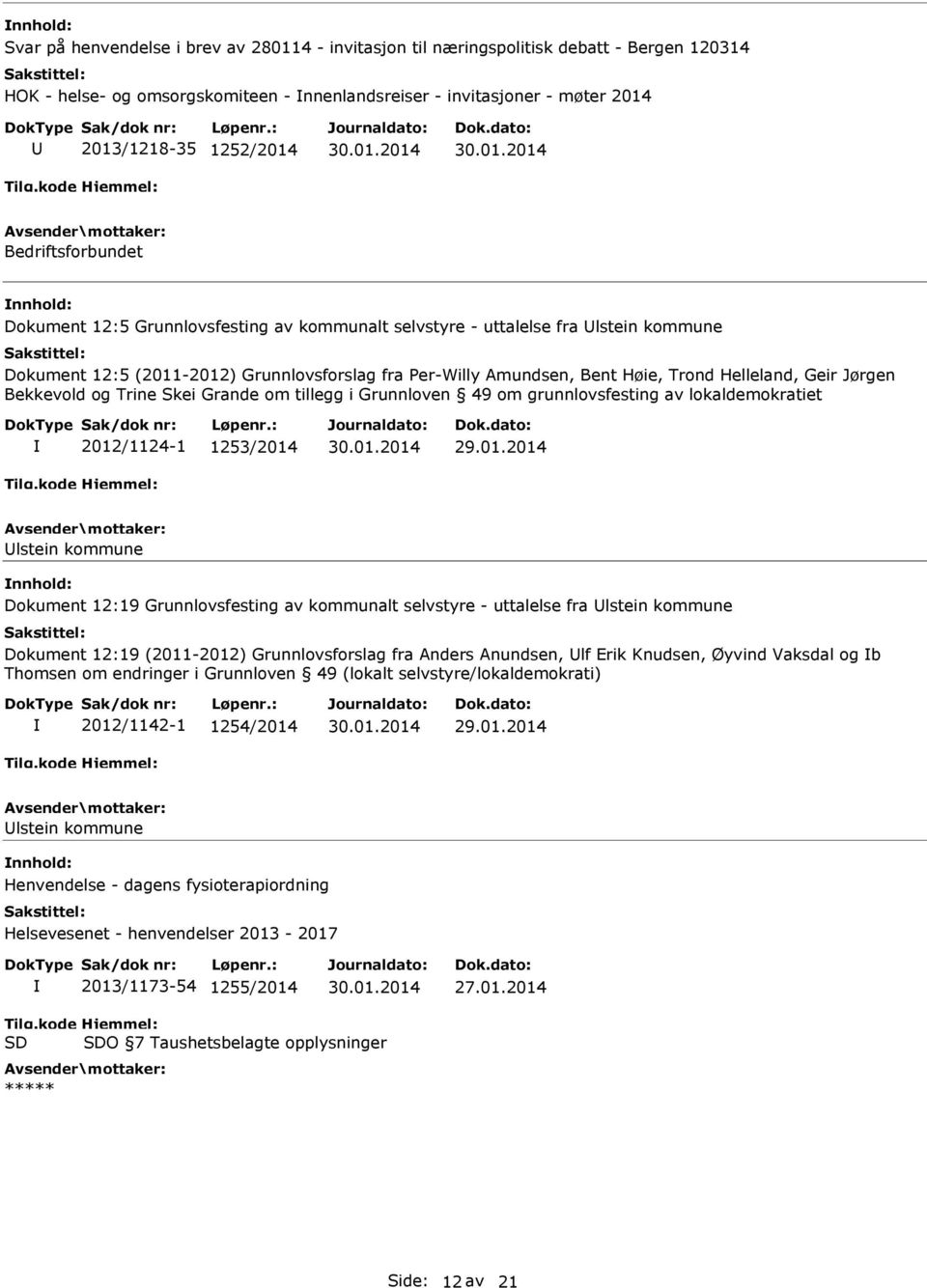 Geir Jørgen Bekkevold og Trine Skei Grande om tillegg i Grunnloven 49 om grunnlovsfesting av lokaldemokratiet 2012/1124-1 1253/2014 lstein kommune Dokument 12:19 Grunnlovsfesting av kommunalt