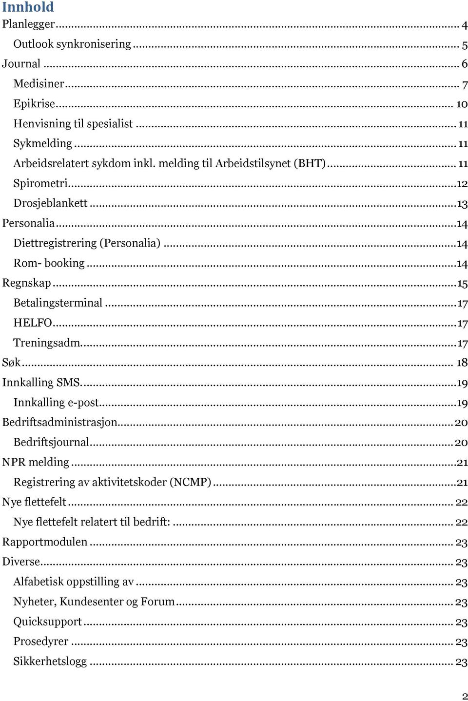 .. 17 Treningsadm.... 17 Søk... 18 Innkalling SMS....19 Innkalling e-post...19 Bedriftsadministrasjon... 20 Bedriftsjournal... 20 NPR melding...21 Registrering av aktivitetskoder (NCMP).