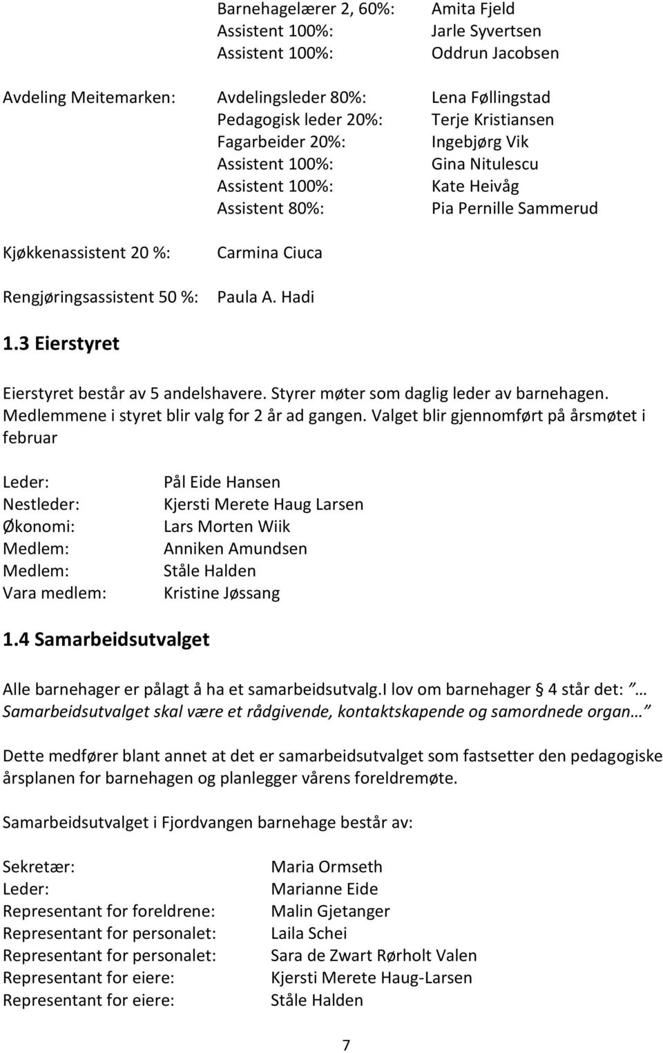 Hadi 1.3 Eierstyret Eierstyret består av 5 andelshavere. Styrer møter som daglig leder av barnehagen. Medlemmene i styret blir valg for 2 år ad gangen.