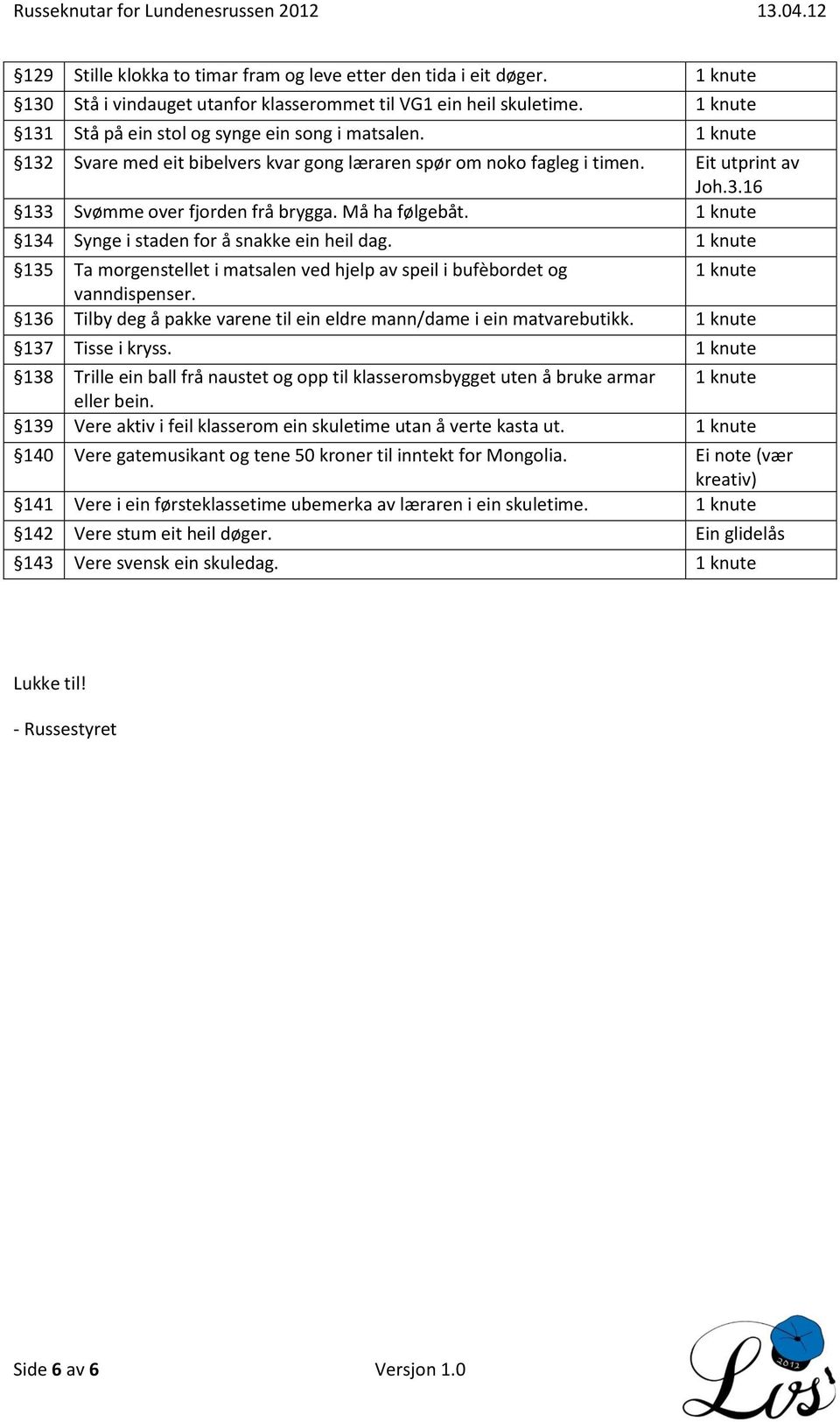 Må ha følgebåt. 1 knute 134 Synge i staden for å snakke ein heil dag. 1 knute 135 Ta morgenstellet i matsalen ved hjelp av speil i bufèbordet og 1 knute vanndispenser.