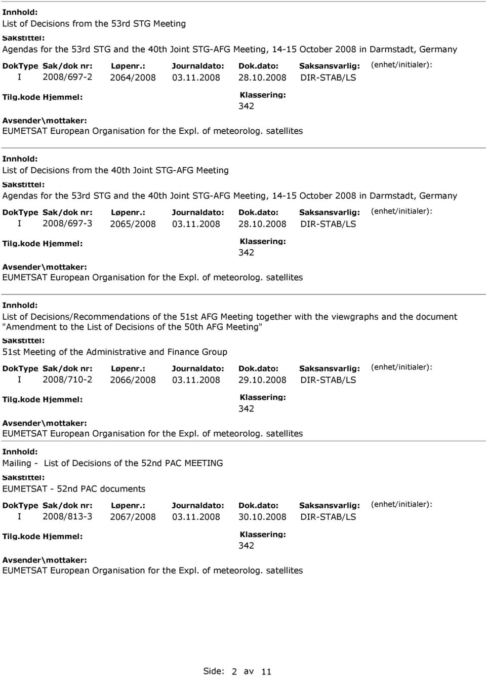 satellites List of Decisions from the 40th Joint STG-AFG Meeting Agendas for the 53rd STG and the 40th Joint STG-AFG Meeting, 14-15 October 2008 in Darmstadt, Germany 2008/697-3 2065/2008 28.10.