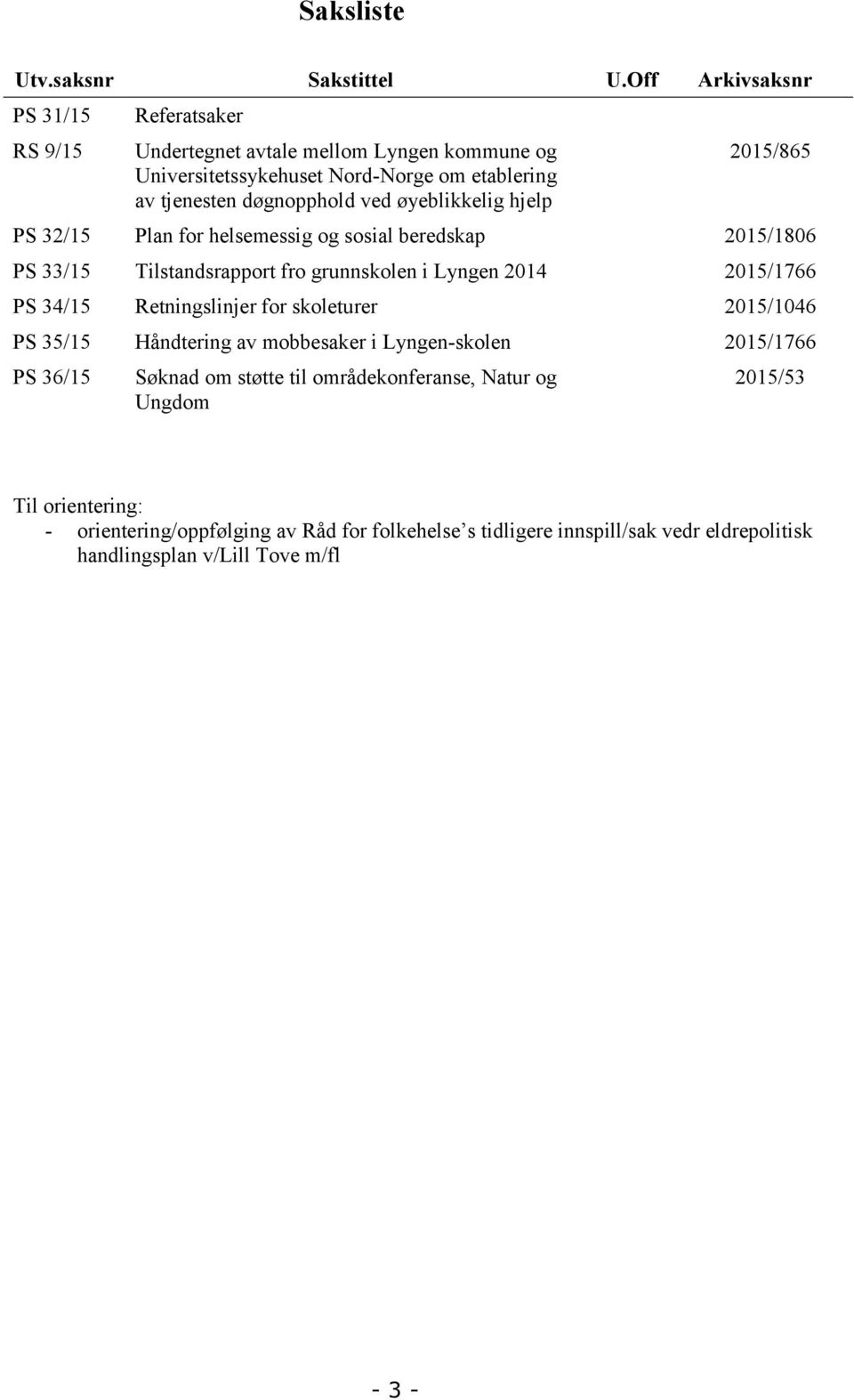 øyeblikkelig hjelp 2015/865 PS 32/15 Plan for helsemessig og sosial beredskap 2015/1806 PS 33/15 Tilstandsrapport fro grunnskolen i Lyngen 2014 2015/1766 PS 34/15