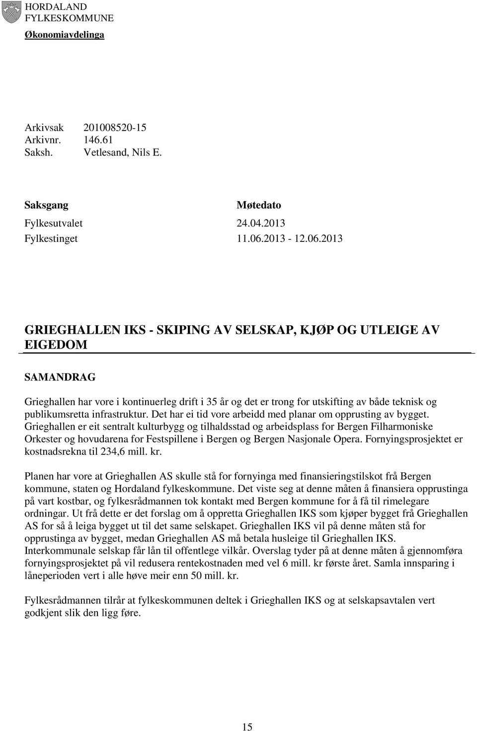 2013 GRIEGHALLEN IKS - SKIPING AV SELSKAP, KJØP OG UTLEIGE AV EIGEDOM SAMANDRAG Grieghallen har vore i kontinuerleg drift i 35 år og det er trong for utskifting av både teknisk og publikumsretta