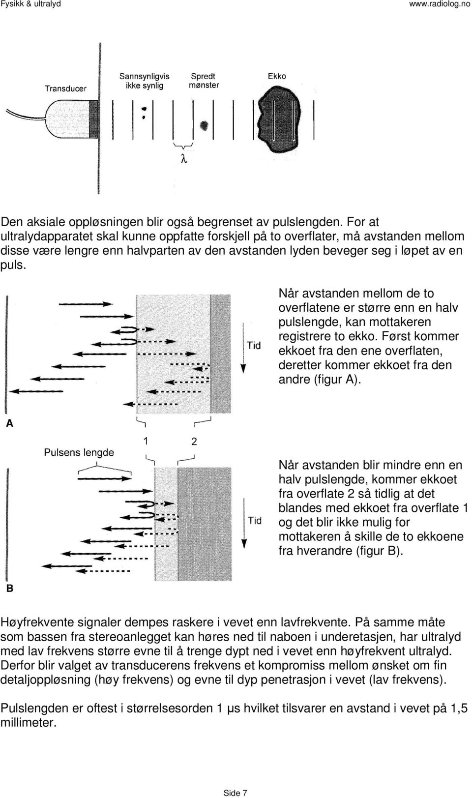 Når avstanden mellom de to overflatene er større enn en halv pulslengde, kan mottakeren registrere to ekko. Først kommer ekkoet fra den ene overflaten, deretter kommer ekkoet fra den andre (figur A).