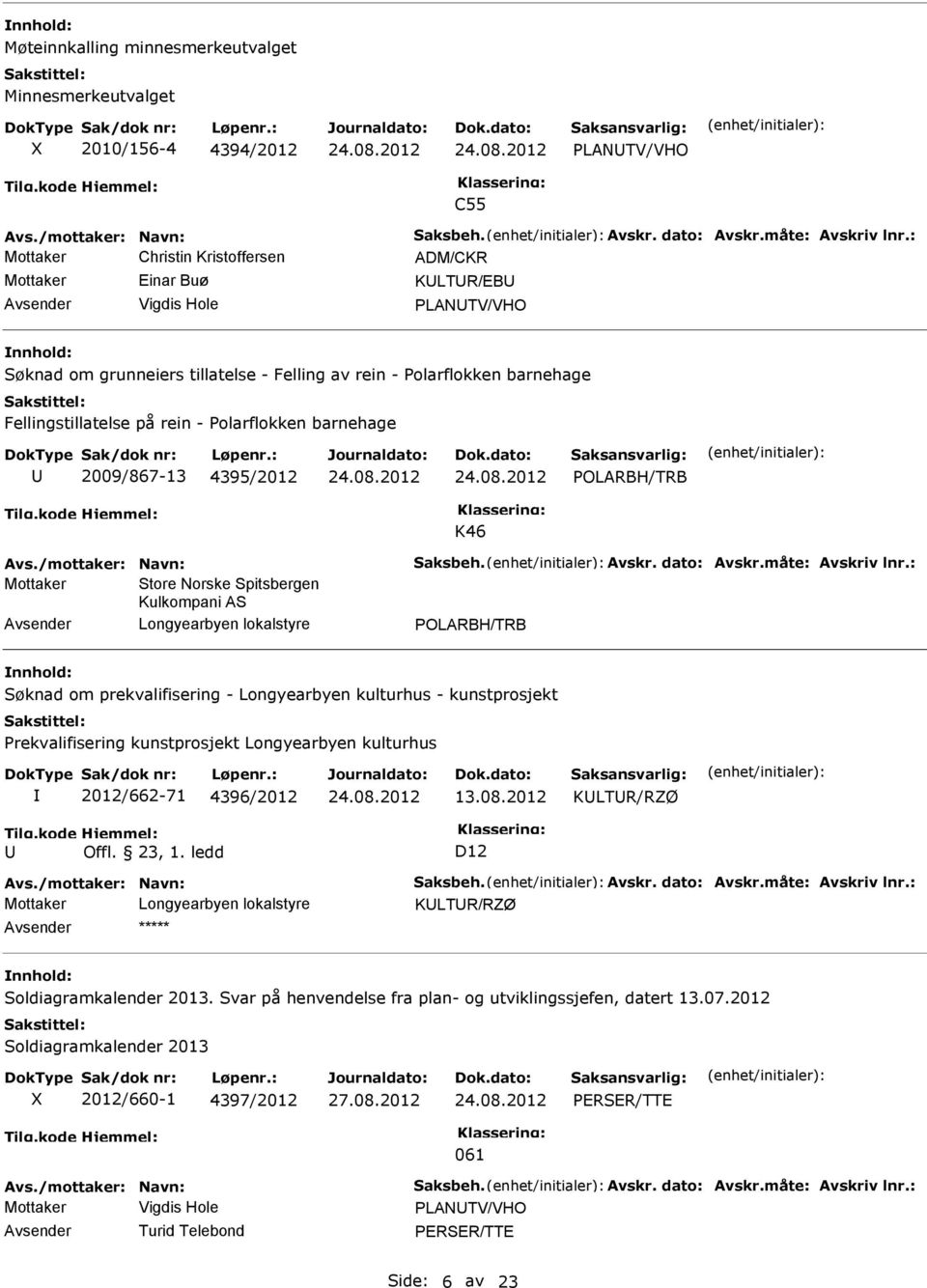 - Polarflokken barnehage 2009/867-13 4395/2012 POLRBH/TRB K46 vs./mottaker: Navn: Saksbeh. vskr. dato: vskr.måte: vskriv lnr.