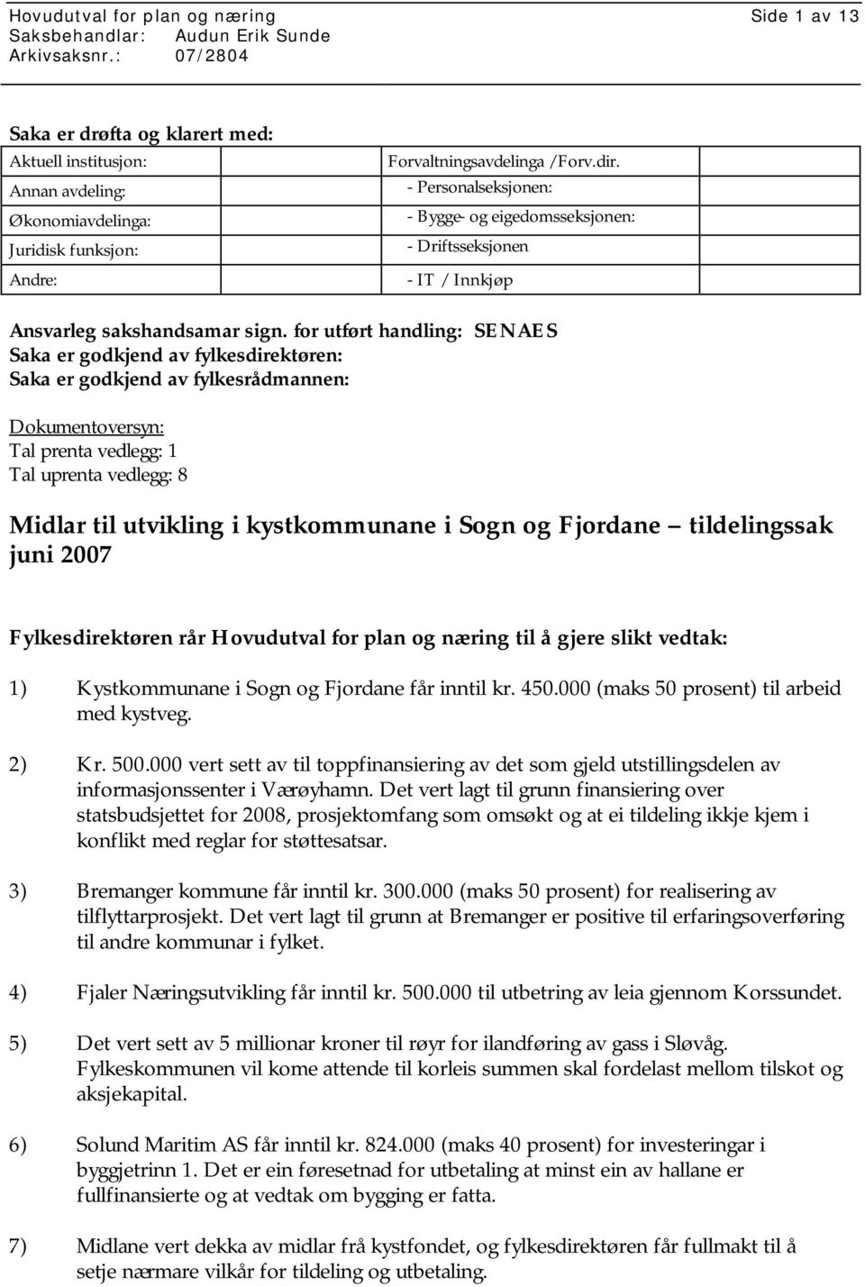 for utført handling: SENAES Saka er godkjend av fylkesdirektøren: Saka er godkjend av fylkesrådmannen: Dokumentoversyn: Tal prenta vedlegg: 1 Tal uprenta vedlegg: 8 Midlar til utvikling i